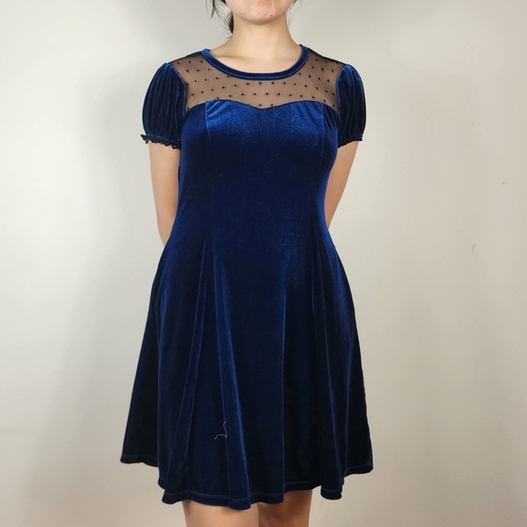 Hot Topic Dresses & Skirts - Blue velvet Swiss dot yoke dress